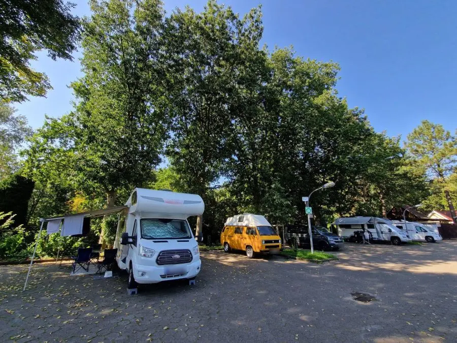 Emplacements pavés à la Spundwand sous de grands arbres